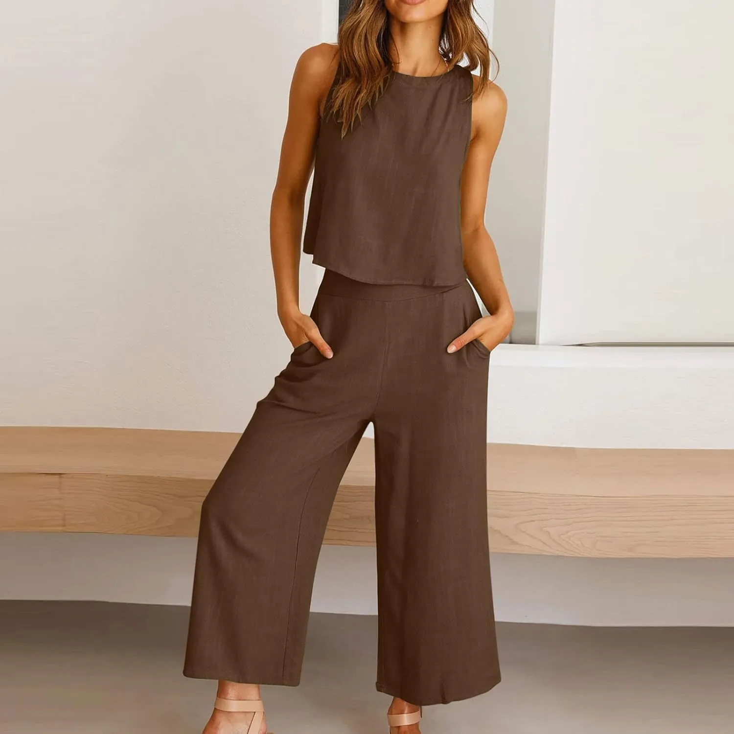 Two Piece Linen Sets for Women Pants Casual Dressy Outfit Sleeveless Crop Tank Wide Leg Pants Sets Matching Loungewear