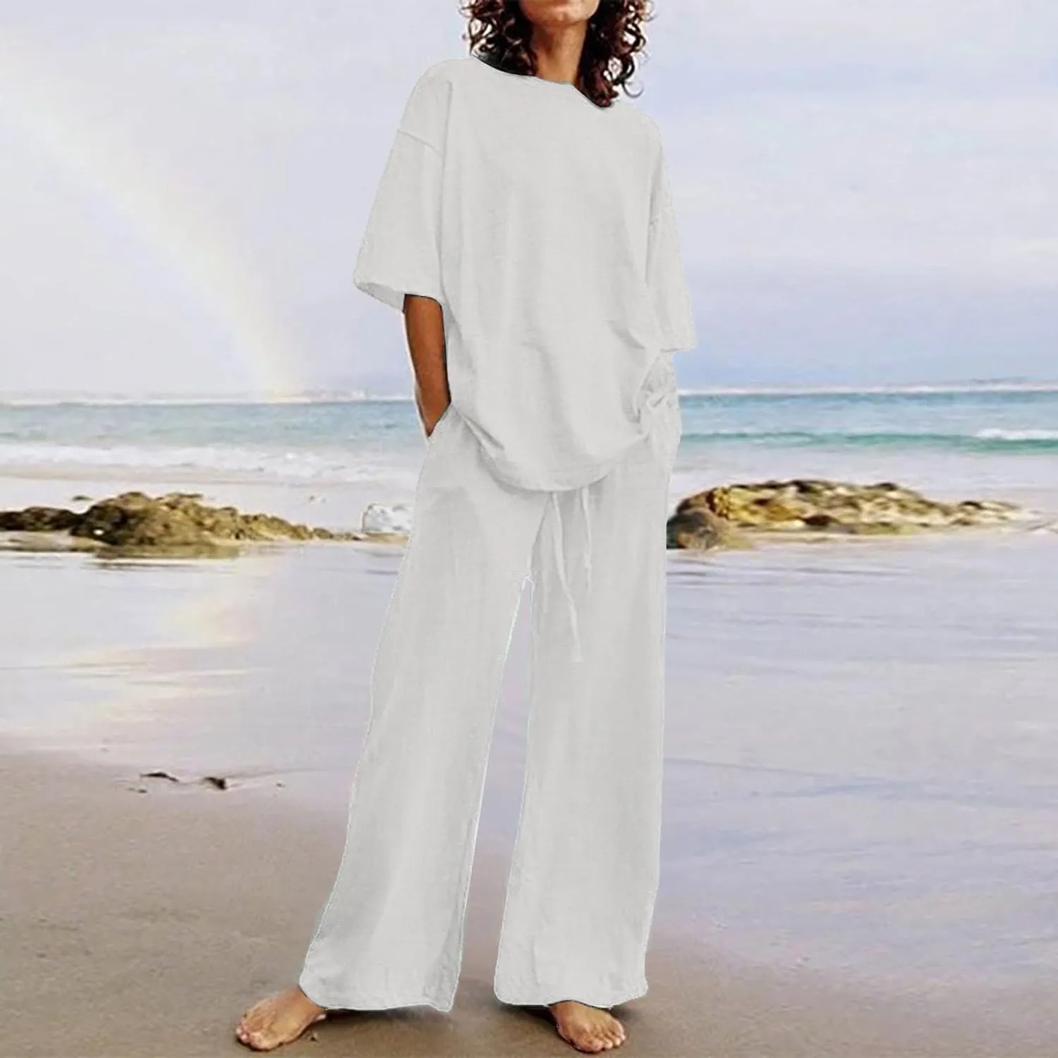 Two Piece Sets for Women 2024 Oversized Short Sleeve Shirt Loose Pullover Tops Wide Leg Pants Set Summer Linen Outfits