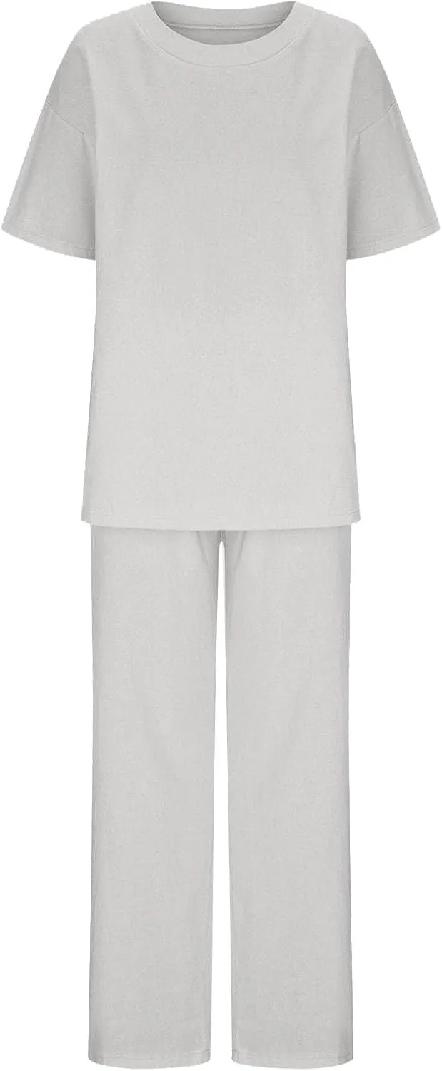 Two Piece Sets for Women 2024 Oversized Short Sleeve Shirt Loose Pullover Tops Wide Leg Pants Set Summer Linen Outfits