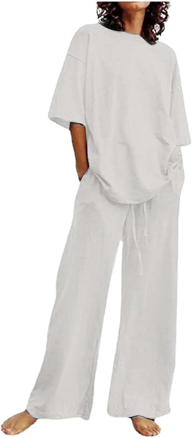 Two Piece Sets for Women 2024 Oversized Short Sleeve Shirt Loose Pullover Tops Wide Leg Pants Set Summer Linen Outfits