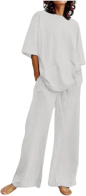 Two Piece Sets for Women 2024 Oversized Short Sleeve Shirt Loose Pullover Tops Wide Leg Pants Set Summer Linen Outfits