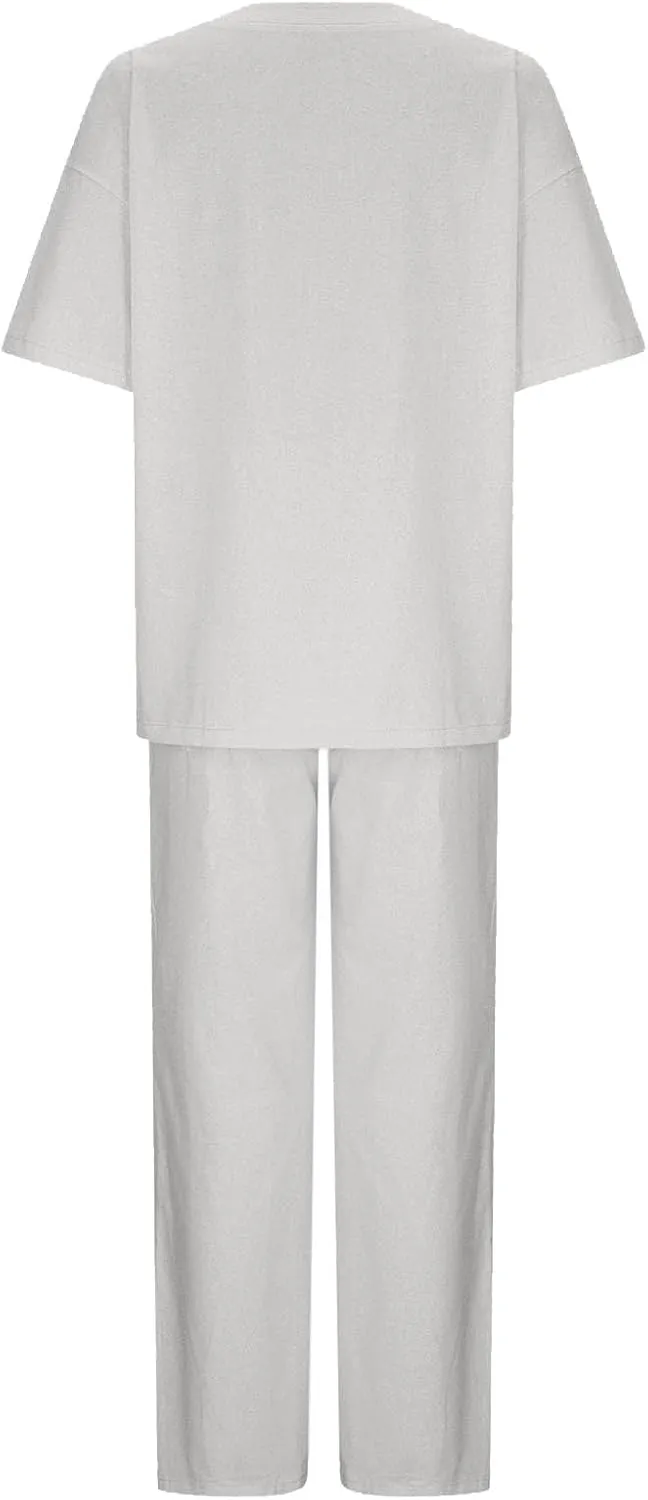 Two Piece Sets for Women 2024 Oversized Short Sleeve Shirt Loose Pullover Tops Wide Leg Pants Set Summer Linen Outfits
