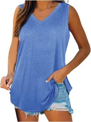V Neck Tank Tops for Women Summer Casual Sleeveless Shirts Loose Fit Tunic Top Solid Flowy Blouses Yoga Workout Tanks