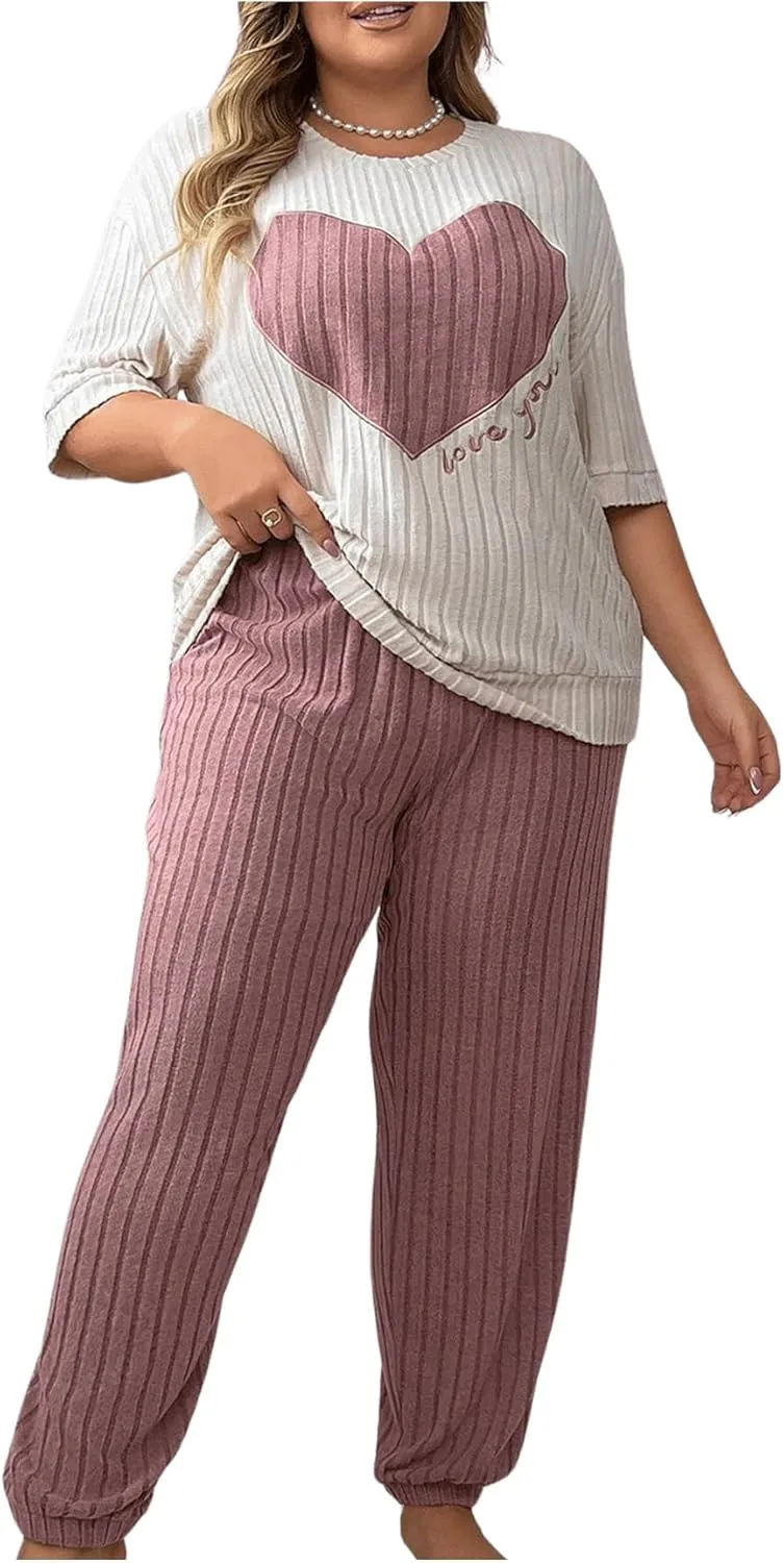 Verdusa Women's Plus Size Ribbed Pajama Set 2 Piece Half Sleeve Top and Pants