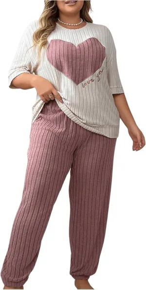Verdusa Women's Plus Size Ribbed Pajama Set 2 Piece Half Sleeve Top and Pants