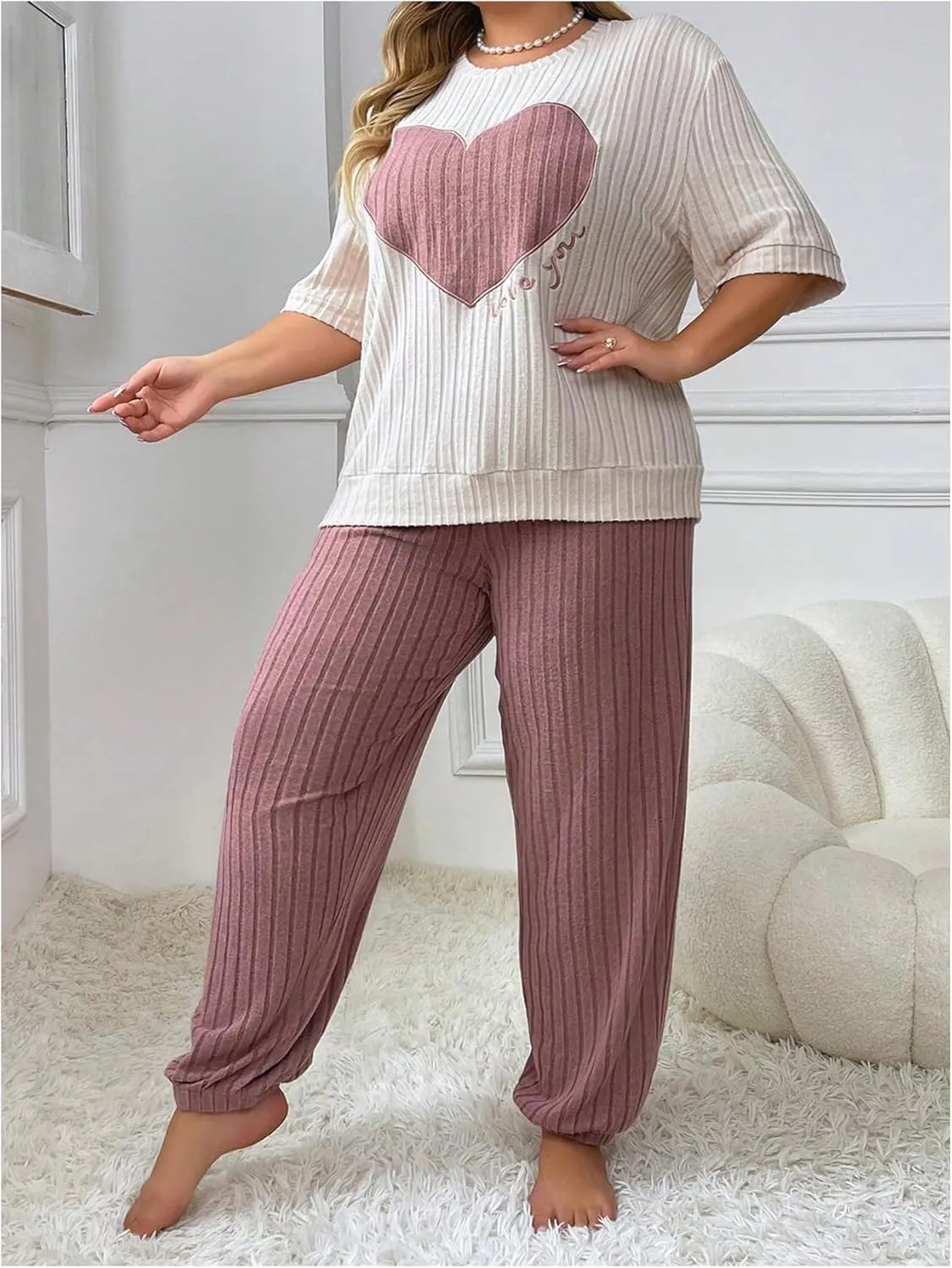 Verdusa Women's Plus Size Ribbed Pajama Set 2 Piece Half Sleeve Top and Pants