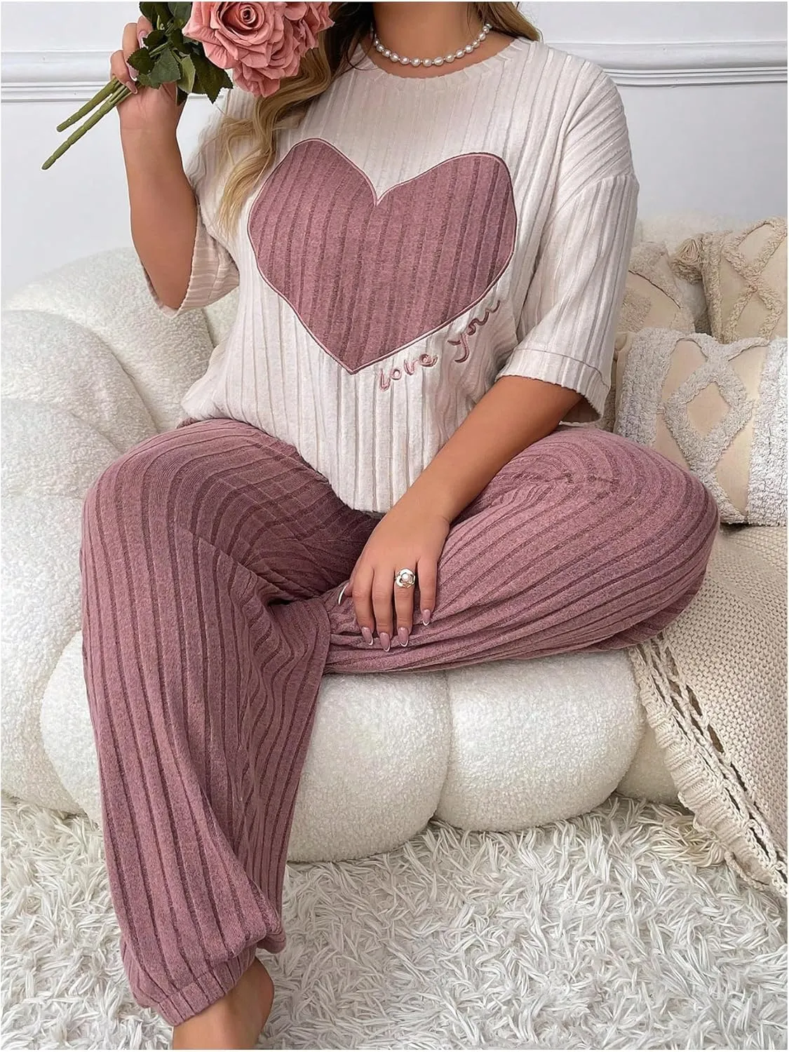 Verdusa Women's Plus Size Ribbed Pajama Set 2 Piece Half Sleeve Top and Pants
