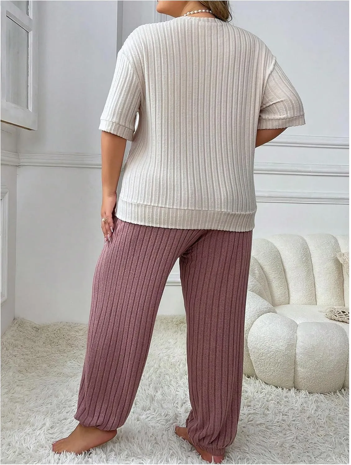 Verdusa Women's Plus Size Ribbed Pajama Set 2 Piece Half Sleeve Top and Pants