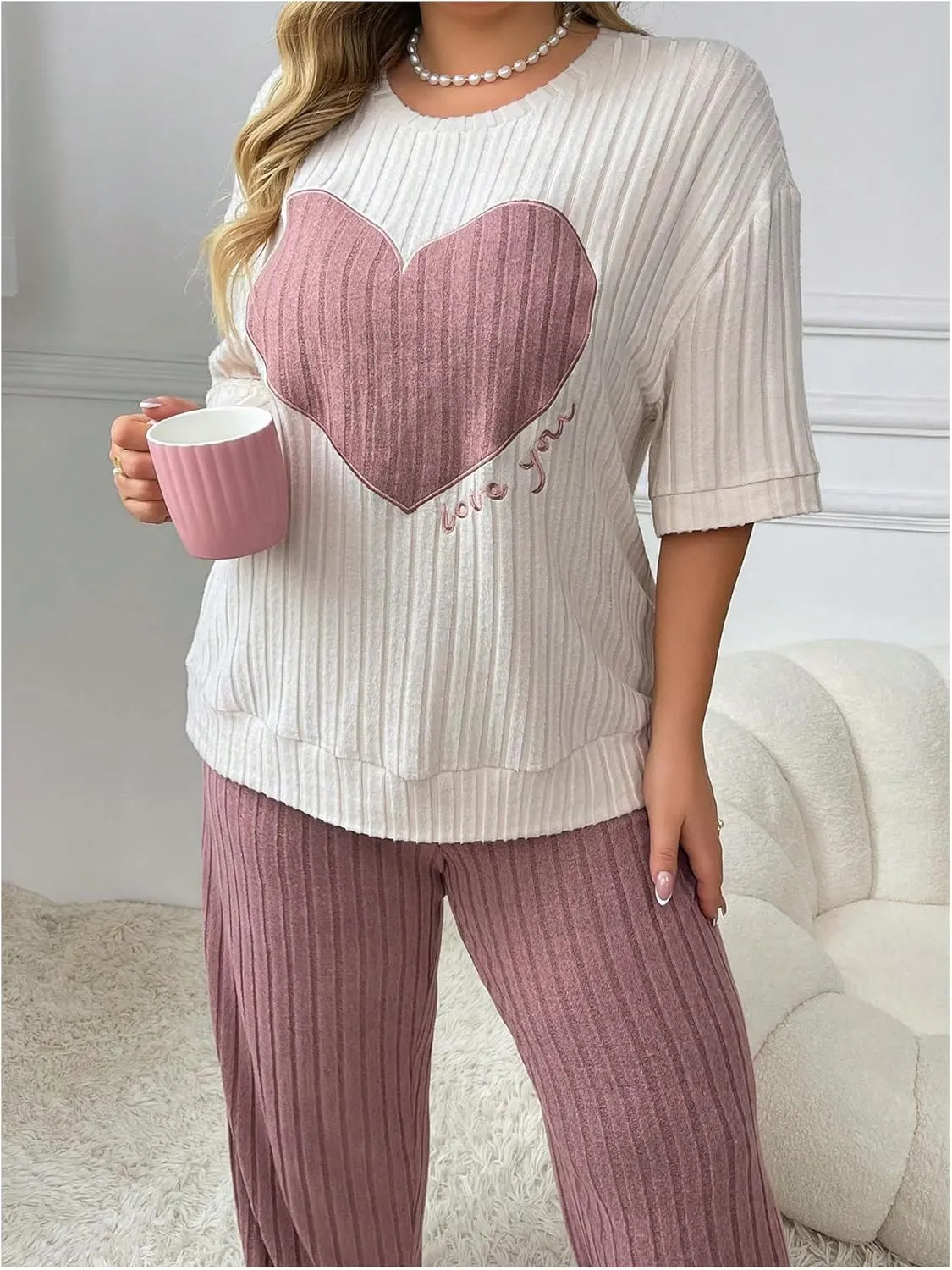 Verdusa Women's Plus Size Ribbed Pajama Set 2 Piece Half Sleeve Top and Pants