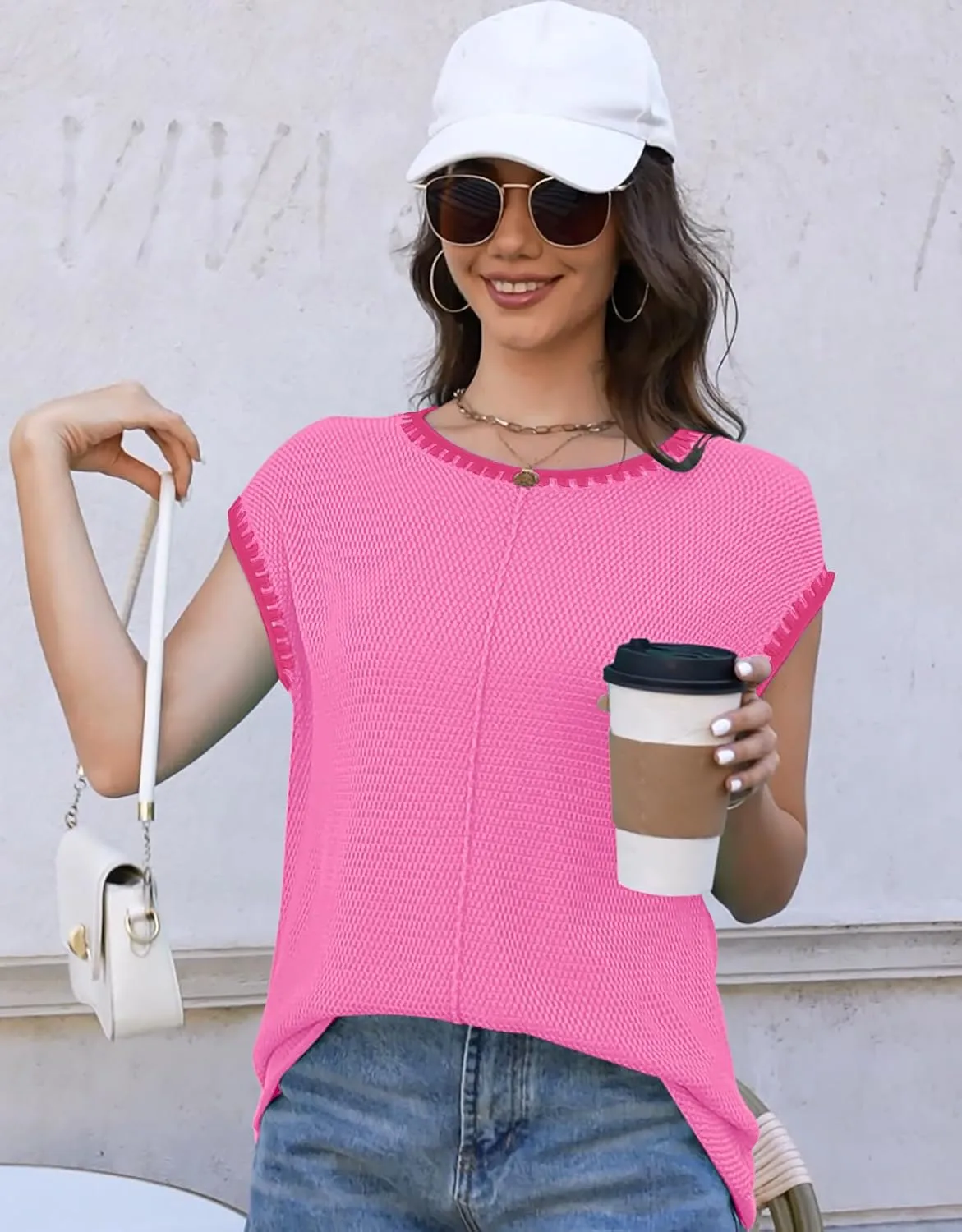 Waffle Knit Sweater Shirts for Women Cap Sleeve Summer Tops Basic Tank Tops