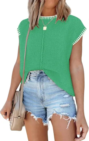 Waffle Knit Sweater Shirts for Women Cap Sleeve Summer Tops Basic Tank Tops