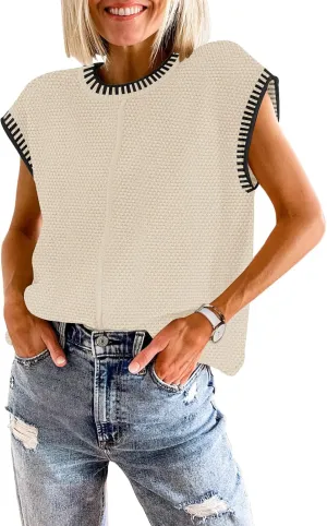 Waffle Knit Sweater Shirts for Women Cap Sleeve Summer Tops Basic Tank Tops