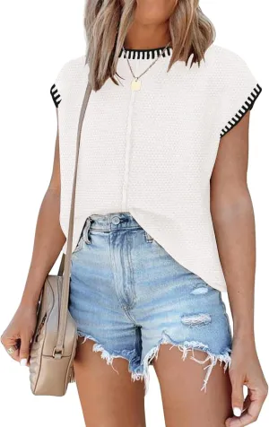 Waffle Knit Sweater Shirts for Women Cap Sleeve Summer Tops Basic Tank Tops