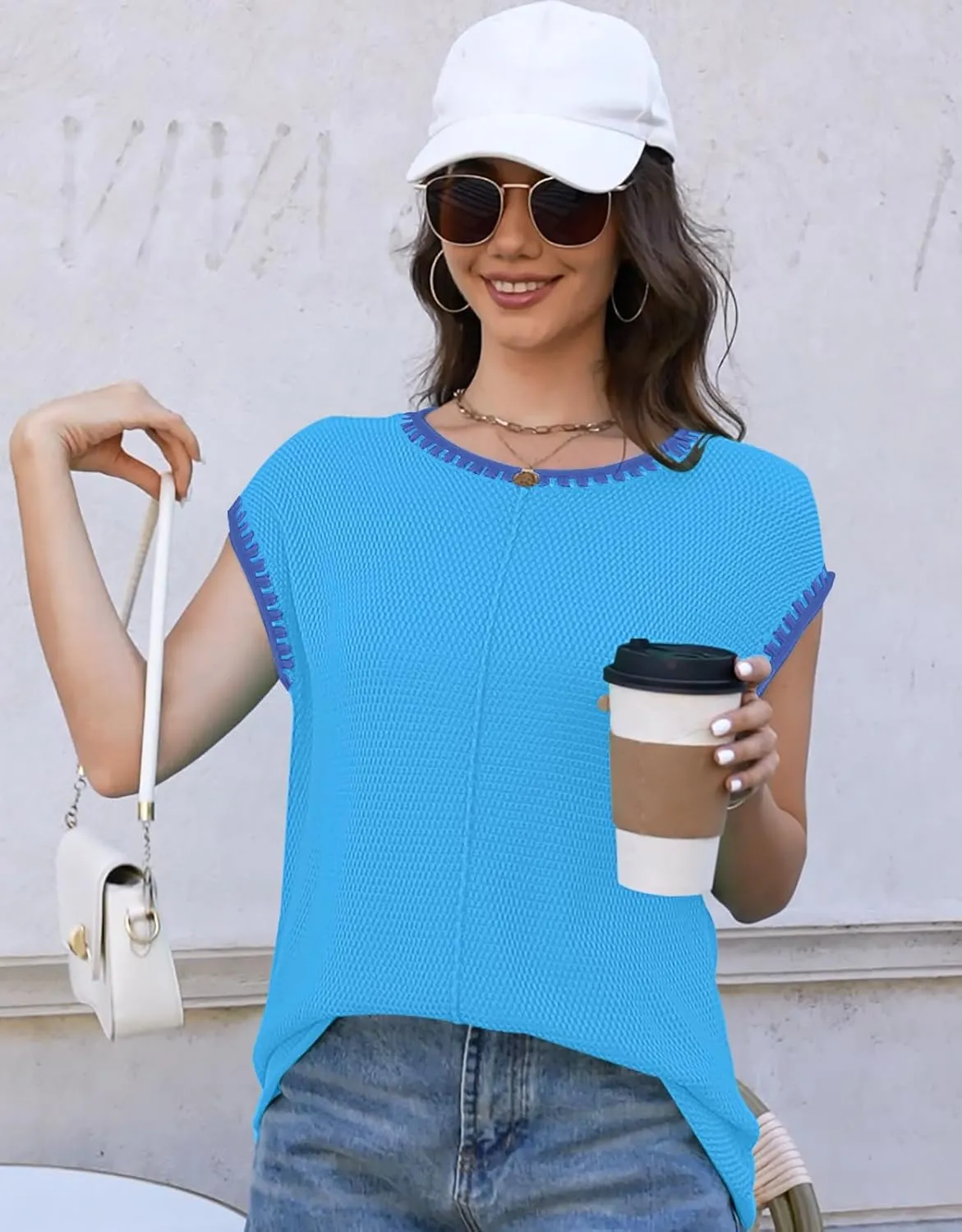 Waffle Knit Sweater Shirts for Women Cap Sleeve Summer Tops Basic Tank Tops