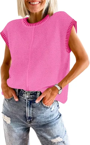 Waffle Knit Sweater Shirts for Women Cap Sleeve Summer Tops Basic Tank Tops