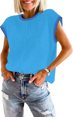 Waffle Knit Sweater Shirts for Women Cap Sleeve Summer Tops Basic Tank Tops
