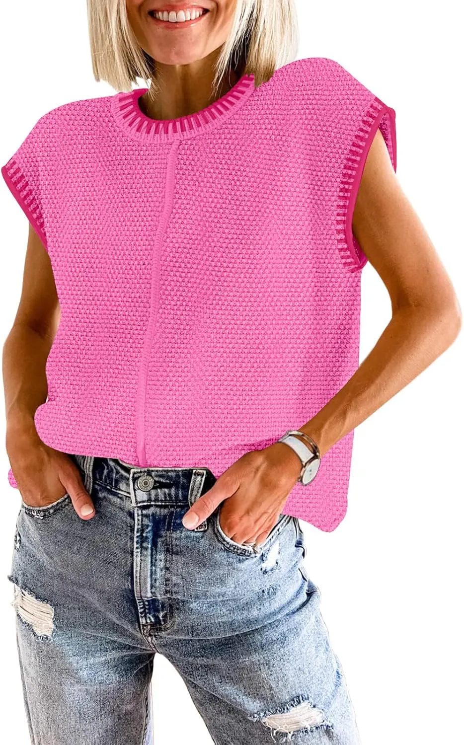 Waffle Knit Sweater Shirts for Women Cap Sleeve Summer Tops Basic Tank Tops