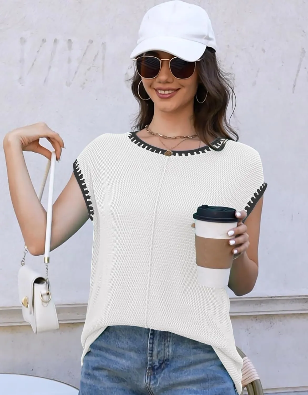 Waffle Knit Sweater Shirts for Women Cap Sleeve Summer Tops Basic Tank Tops