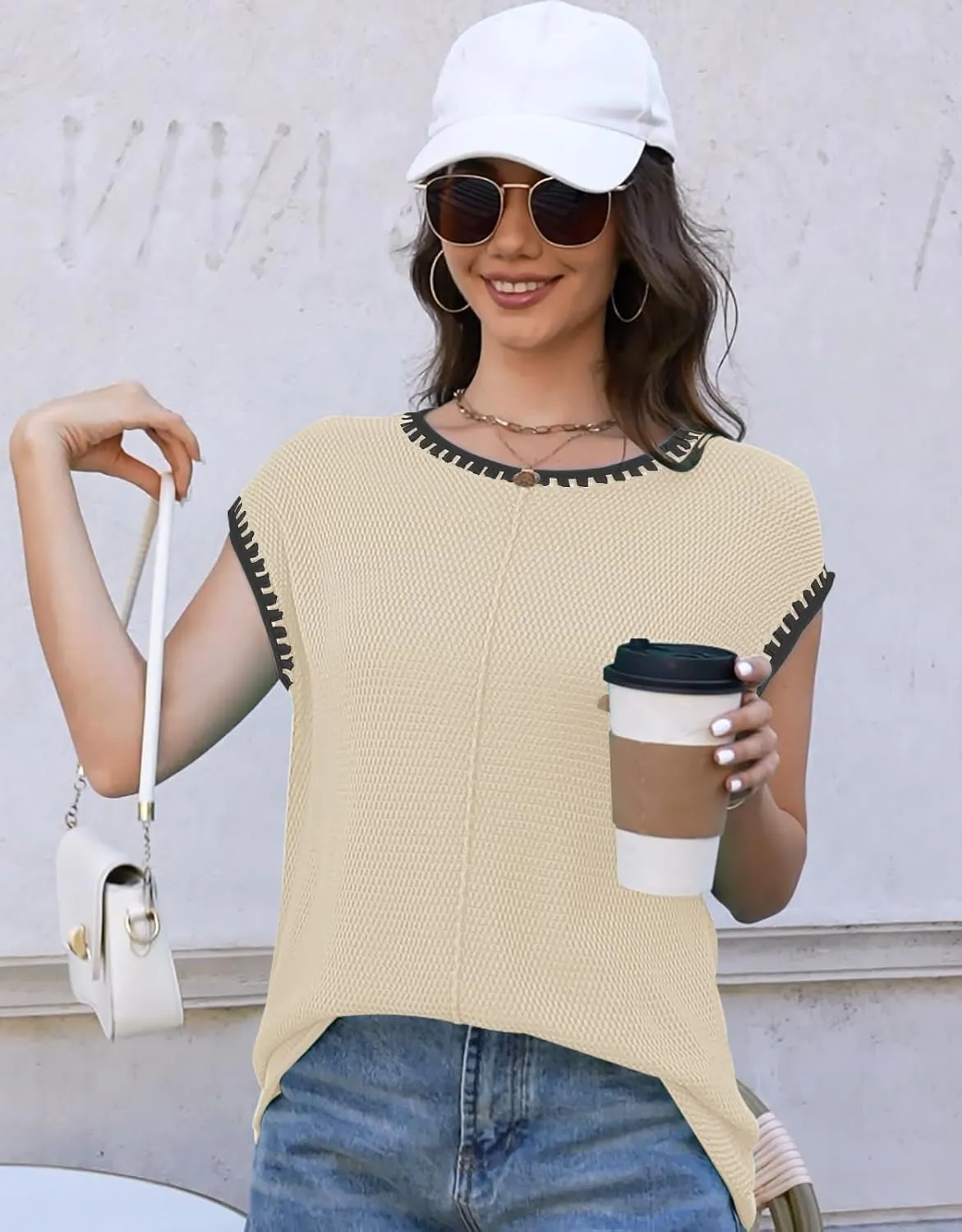 Waffle Knit Sweater Shirts for Women Cap Sleeve Summer Tops Basic Tank Tops
