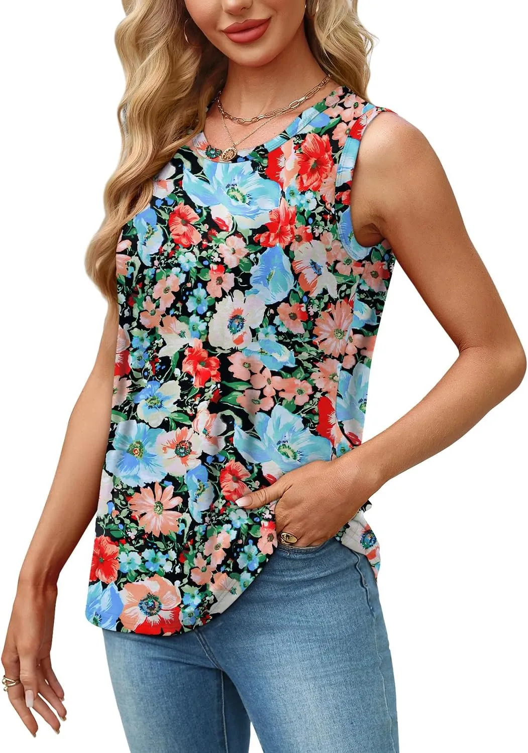 WEESO Womens Tank Tops Loose Fit Summer Fashion Shirts Sleeveless Tops Round Neck