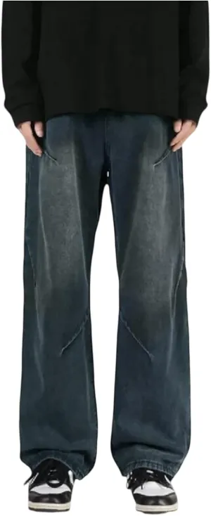 WENKOMG1 Oversized Jeans for Men Straight Leg Loose Fit Patchwork Denim Pants Washed Baggy Style Streetwear