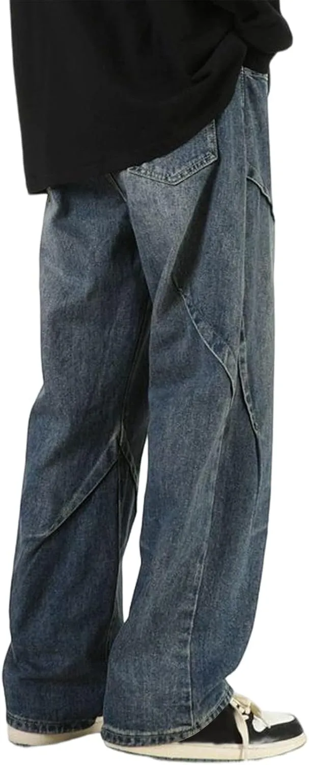 WENKOMG1 Oversized Jeans for Men Straight Leg Loose Fit Patchwork Denim Pants Washed Baggy Style Streetwear