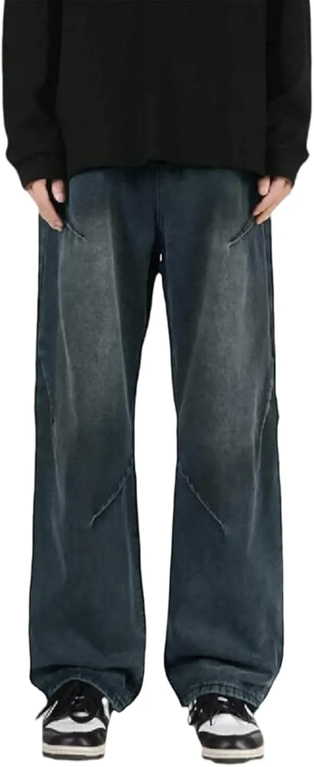 WENKOMG1 Oversized Jeans for Men Straight Leg Loose Fit Patchwork Denim Pants Washed Baggy Style Streetwear