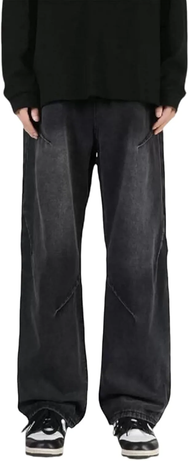 WENKOMG1 Oversized Jeans for Men Straight Leg Loose Fit Patchwork Denim Pants Washed Baggy Style Streetwear