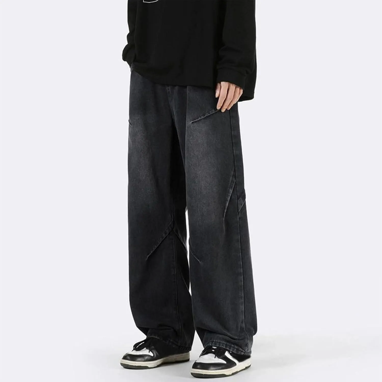 WENKOMG1 Oversized Jeans for Men Straight Leg Loose Fit Patchwork Denim Pants Washed Baggy Style Streetwear