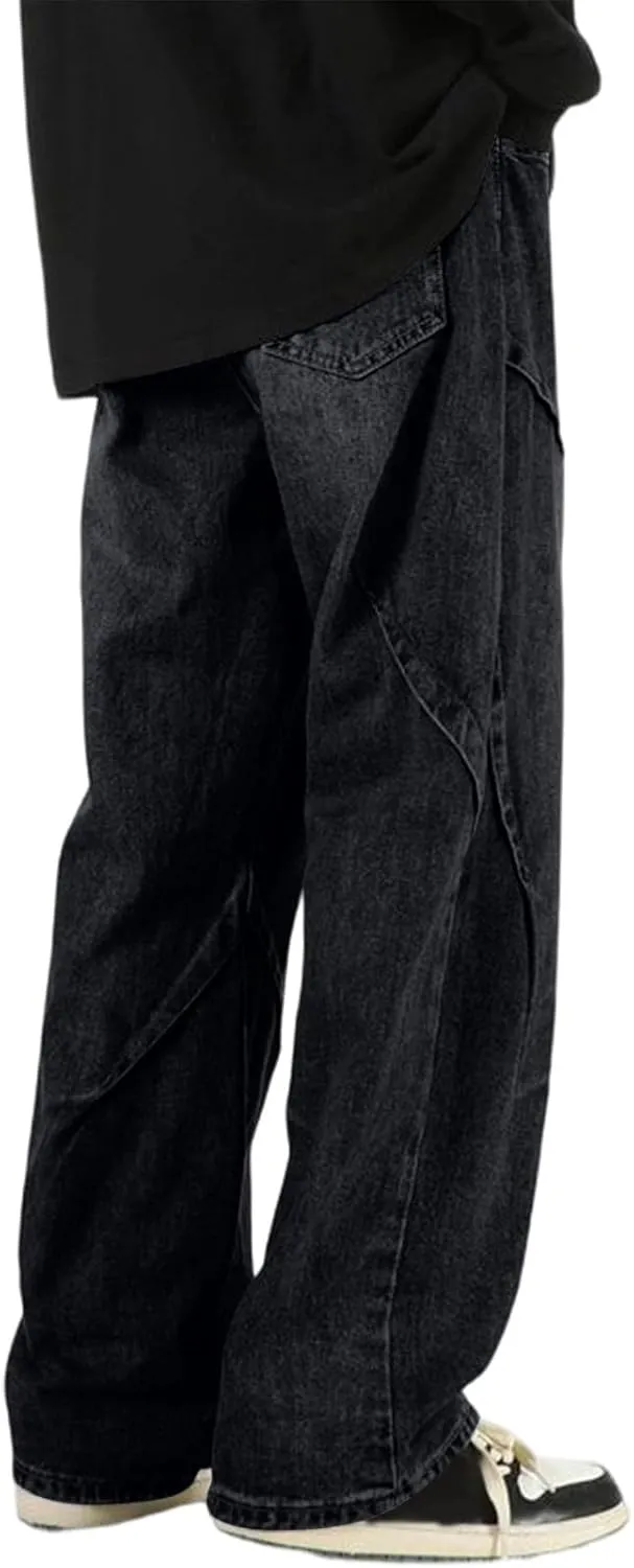 WENKOMG1 Oversized Jeans for Men Straight Leg Loose Fit Patchwork Denim Pants Washed Baggy Style Streetwear