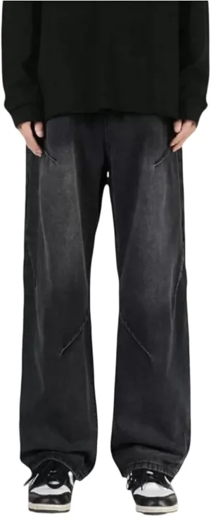 WENKOMG1 Oversized Jeans for Men Straight Leg Loose Fit Patchwork Denim Pants Washed Baggy Style Streetwear