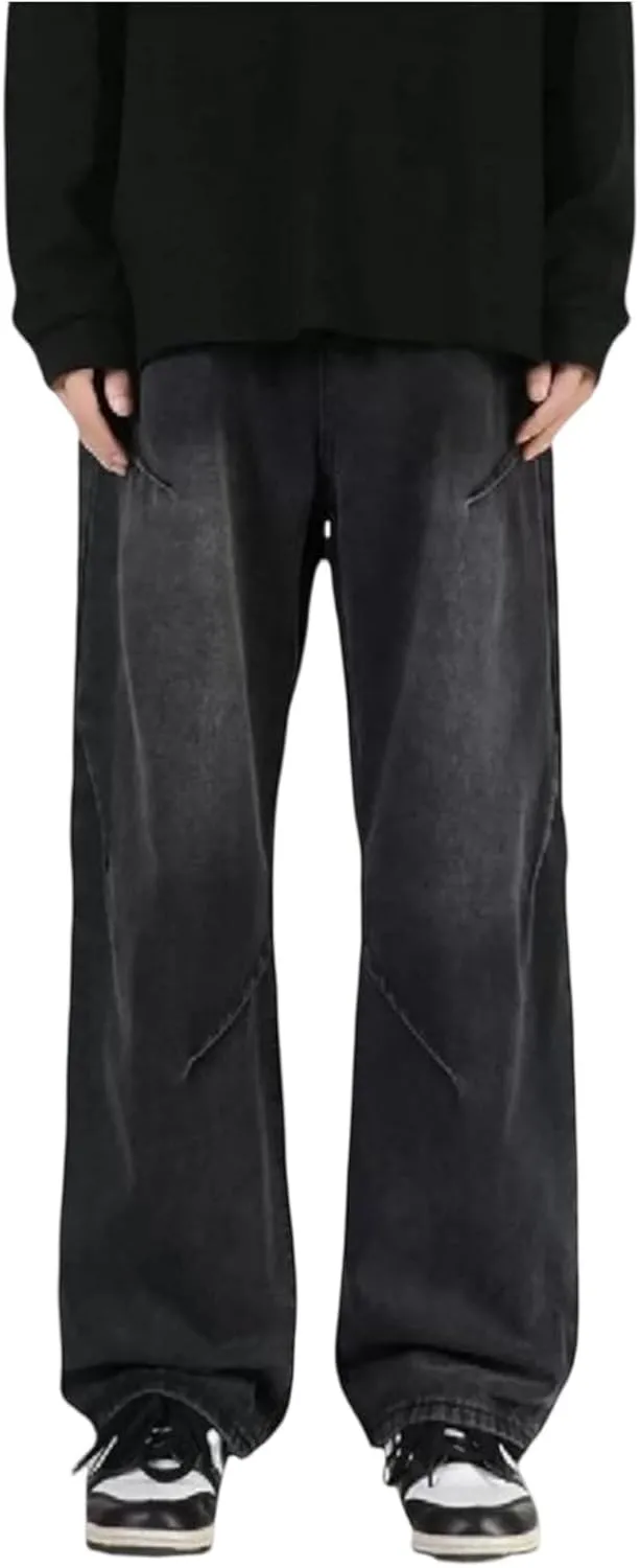 WENKOMG1 Oversized Jeans for Men Straight Leg Loose Fit Patchwork Denim Pants Washed Baggy Style Streetwear