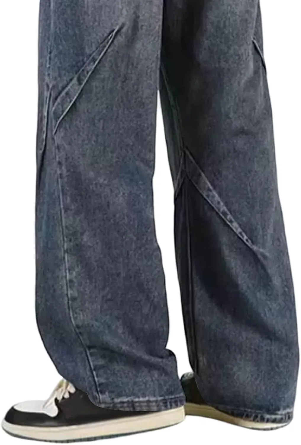 WENKOMG1 Oversized Jeans for Men Straight Leg Loose Fit Patchwork Denim Pants Washed Baggy Style Streetwear