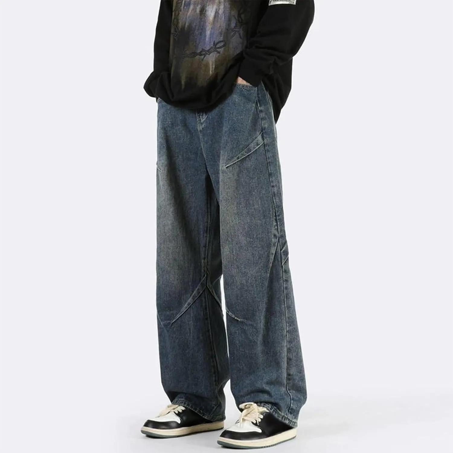 WENKOMG1 Oversized Jeans for Men Straight Leg Loose Fit Patchwork Denim Pants Washed Baggy Style Streetwear
