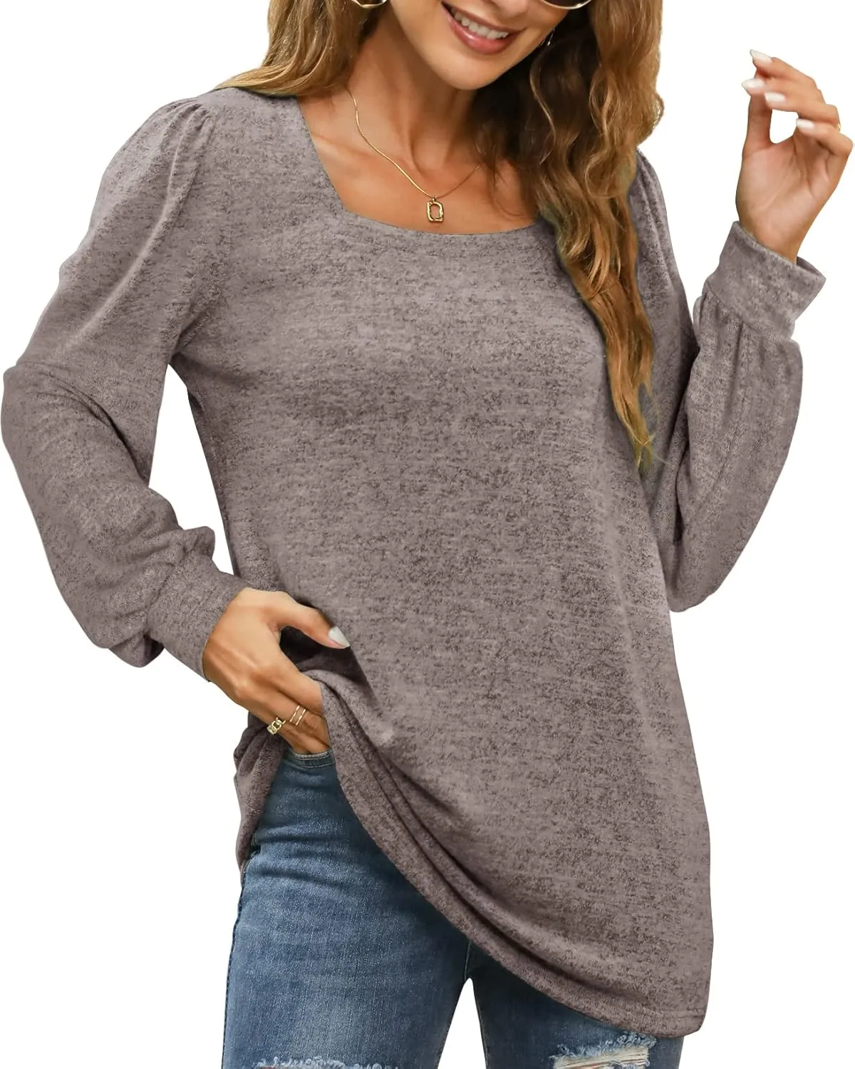 WIHOLL Tunic Tops for Women Loose Fit Long Sleeve Shirts Square Neck Tops