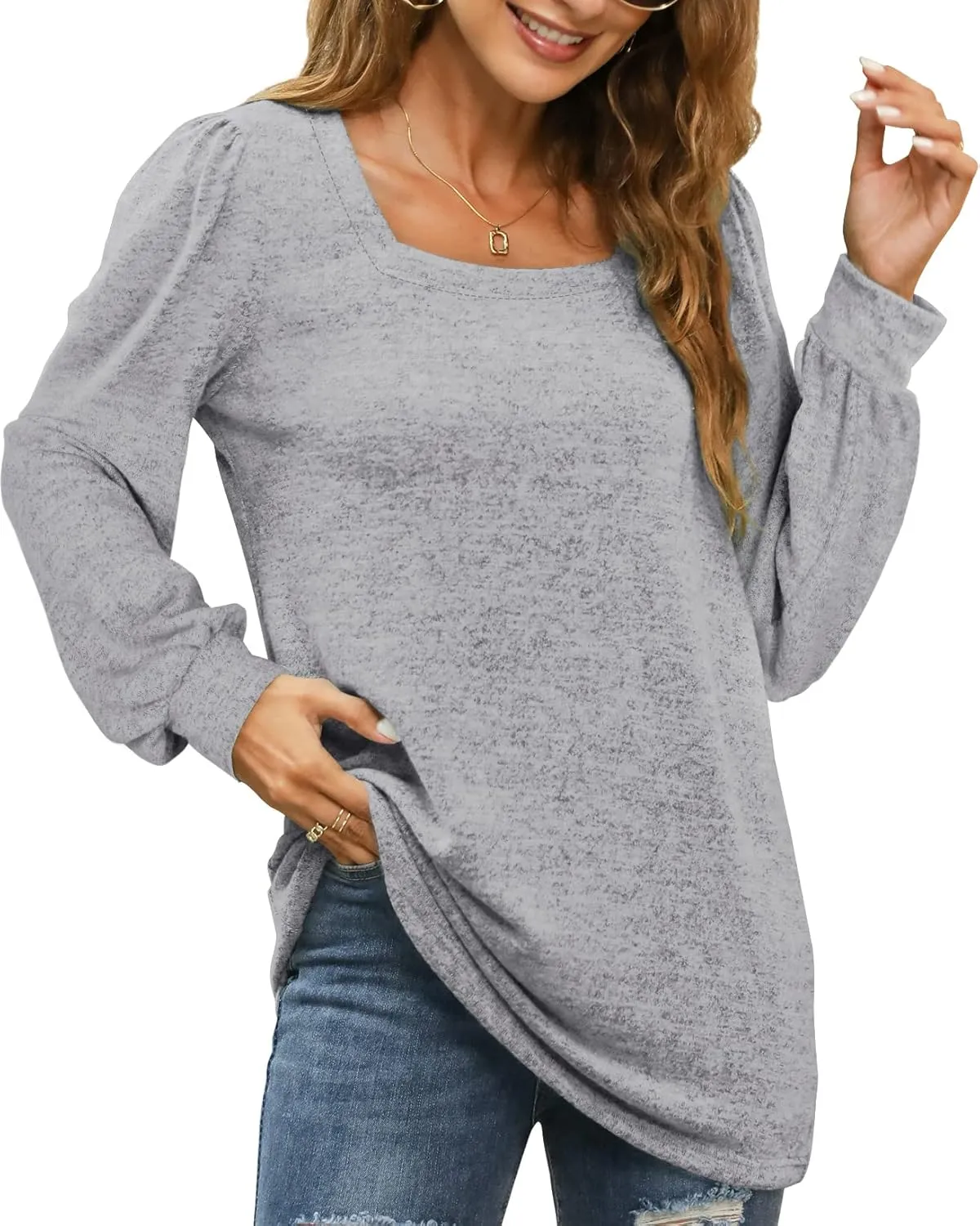 WIHOLL Tunic Tops for Women Loose Fit Long Sleeve Shirts Square Neck Tops