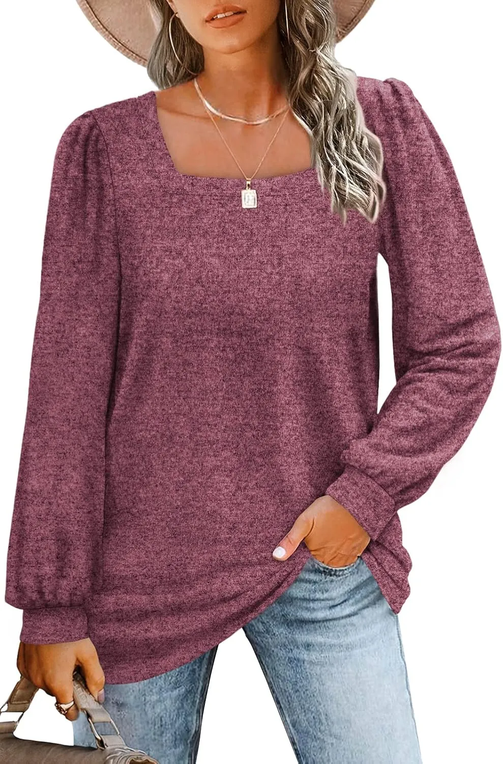WIHOLL Tunic Tops for Women Loose Fit Long Sleeve Shirts Square Neck Tops