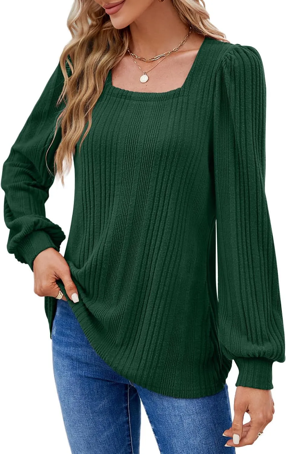 WIHOLL Tunic Tops for Women Loose Fit Long Sleeve Shirts Square Neck Tops