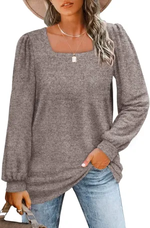 WIHOLL Tunic Tops for Women Loose Fit Long Sleeve Shirts Square Neck Tops