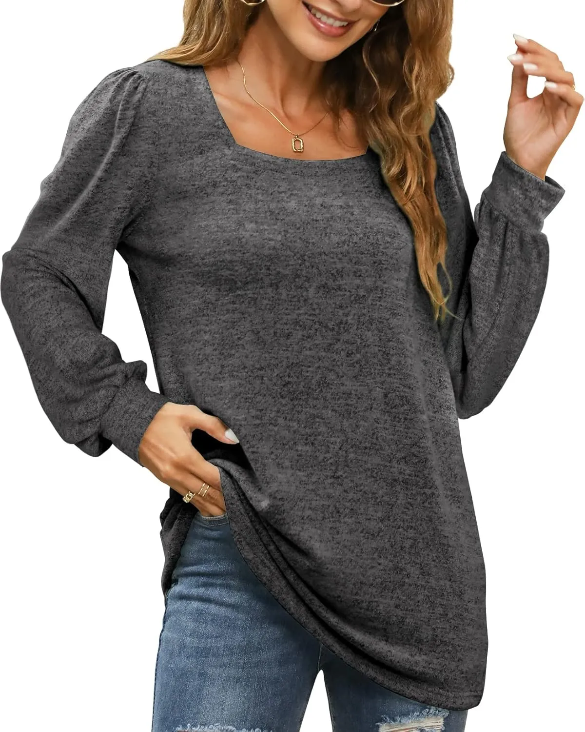 WIHOLL Tunic Tops for Women Loose Fit Long Sleeve Shirts Square Neck Tops
