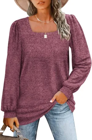 WIHOLL Tunic Tops for Women Loose Fit Long Sleeve Shirts Square Neck Tops