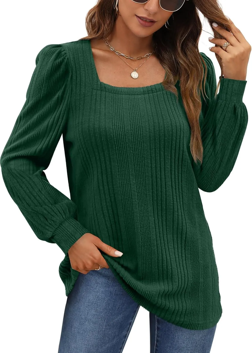 WIHOLL Tunic Tops for Women Loose Fit Long Sleeve Shirts Square Neck Tops