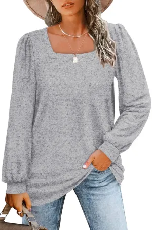 WIHOLL Tunic Tops for Women Loose Fit Long Sleeve Shirts Square Neck Tops