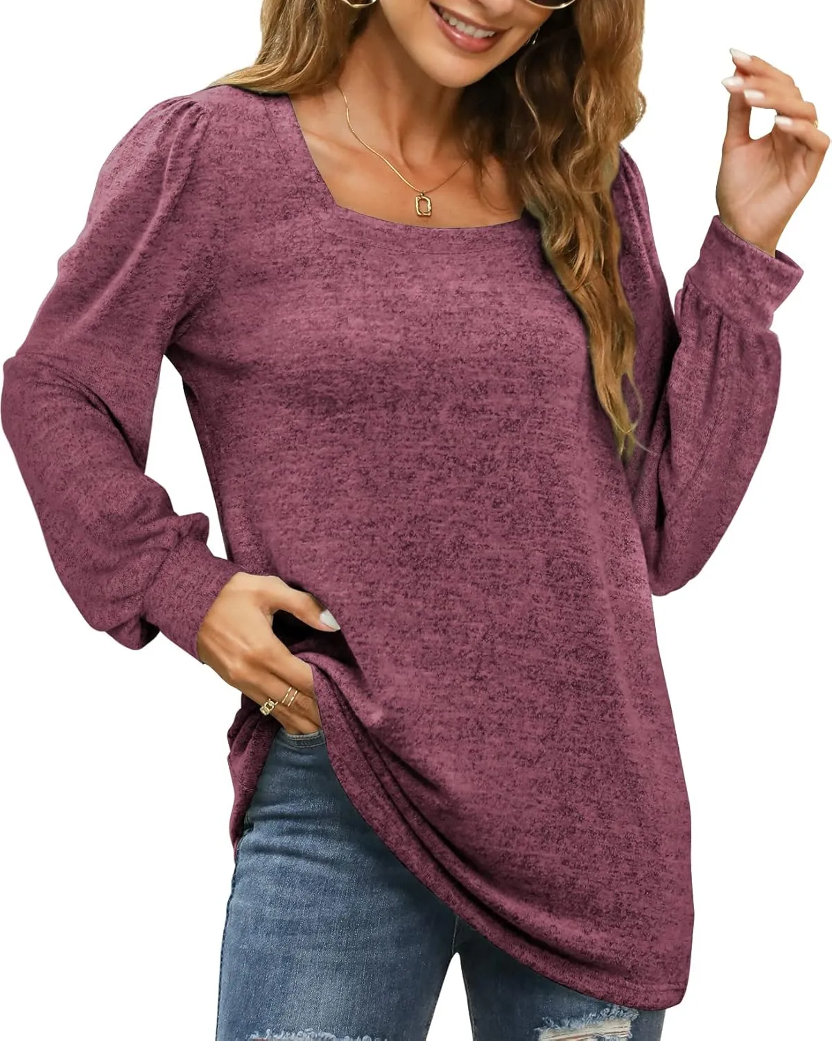 WIHOLL Tunic Tops for Women Loose Fit Long Sleeve Shirts Square Neck Tops