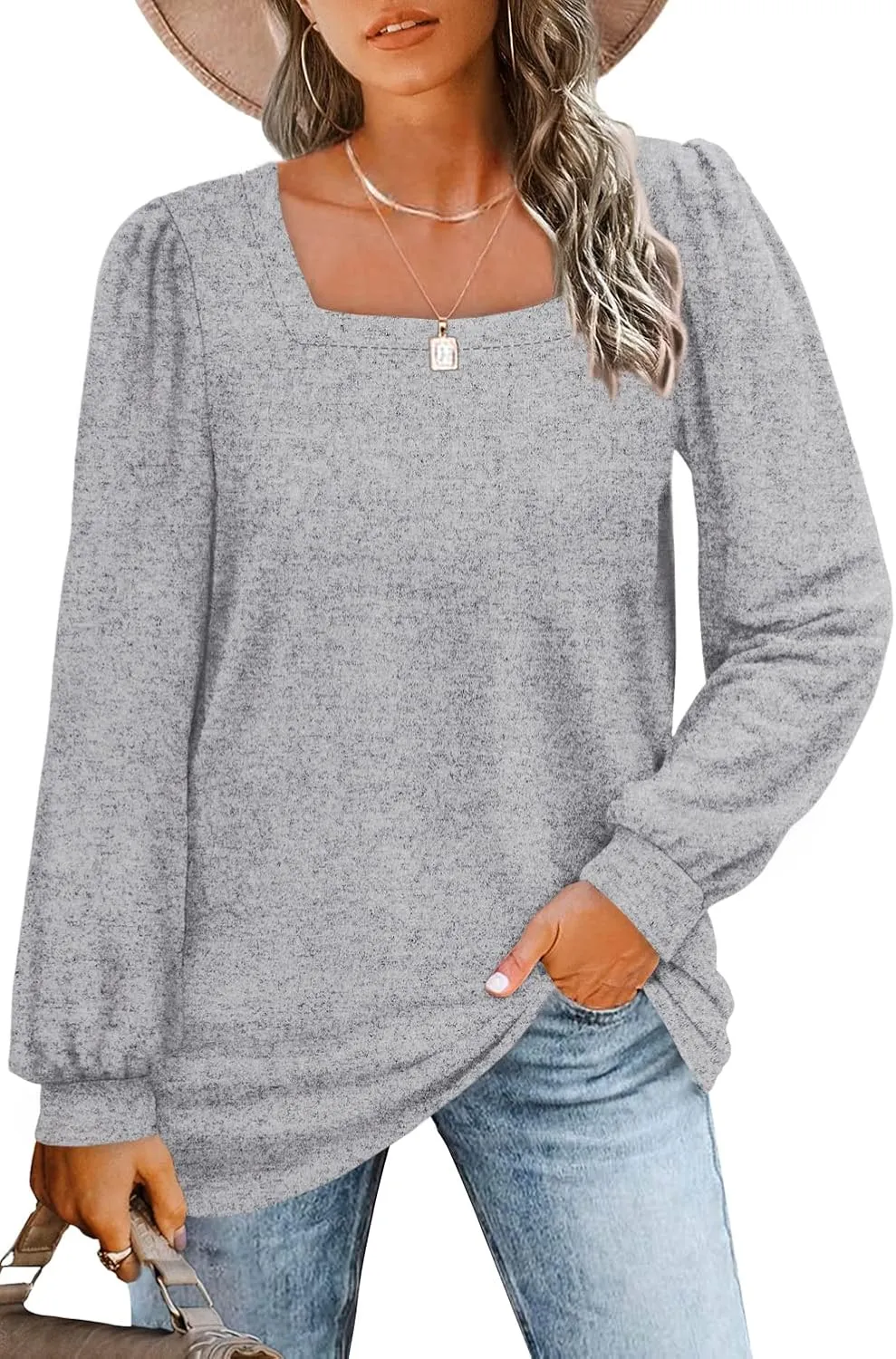 WIHOLL Tunic Tops for Women Loose Fit Long Sleeve Shirts Square Neck Tops