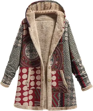 Winter Coats for Women Cotton And Linen Printing Hoodies Fall Winter Fleece Jacket Casual Hooded Sweatshirts Thick