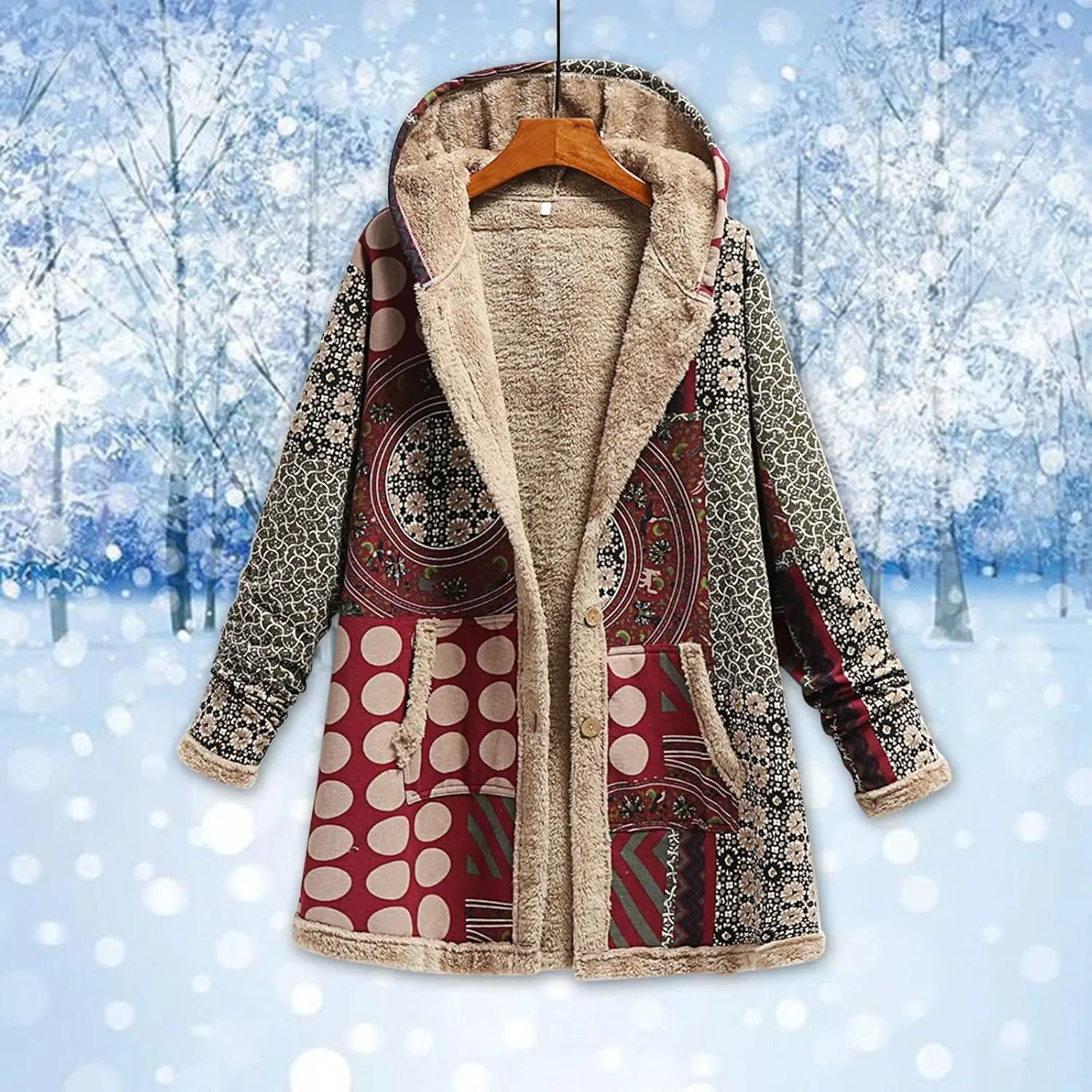 Winter Coats for Women Cotton And Linen Printing Hoodies Fall Winter Fleece Jacket Casual Hooded Sweatshirts Thick