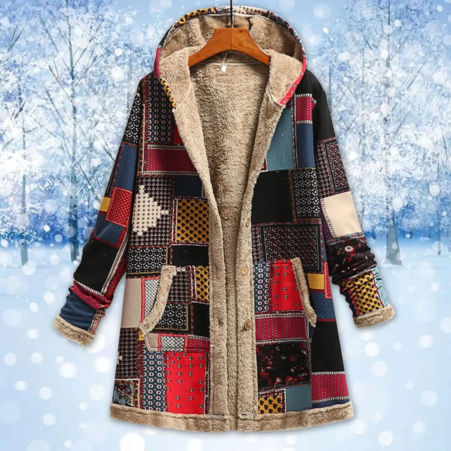 Winter Coats for Women Cotton And Linen Printing Hoodies Fall Winter Fleece Jacket Casual Hooded Sweatshirts Thick