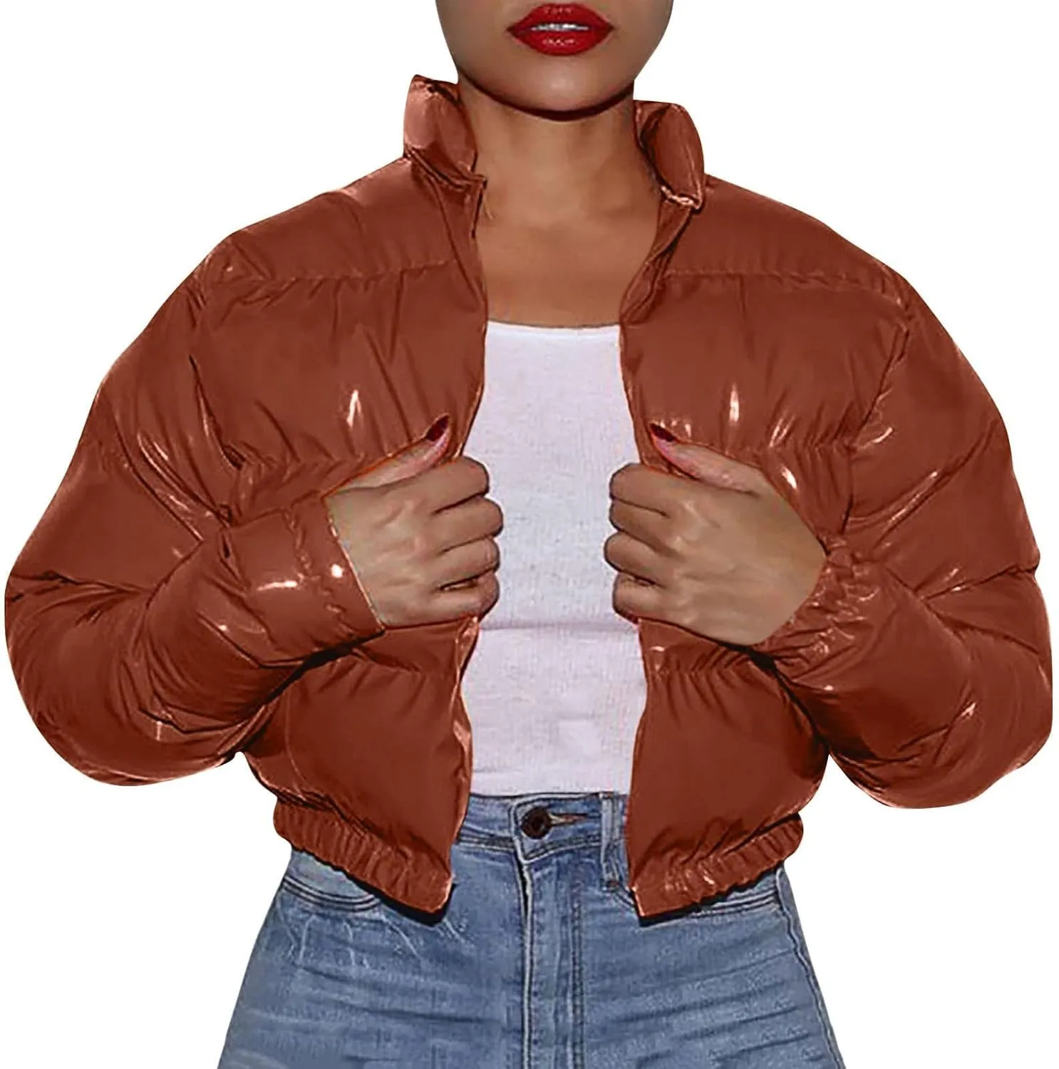 Winter Coats for Women Fashion Cropped Solid Puffer Jacket Thicken Warm Long Sleeve Padded Coat 2024 Quilted Outwear