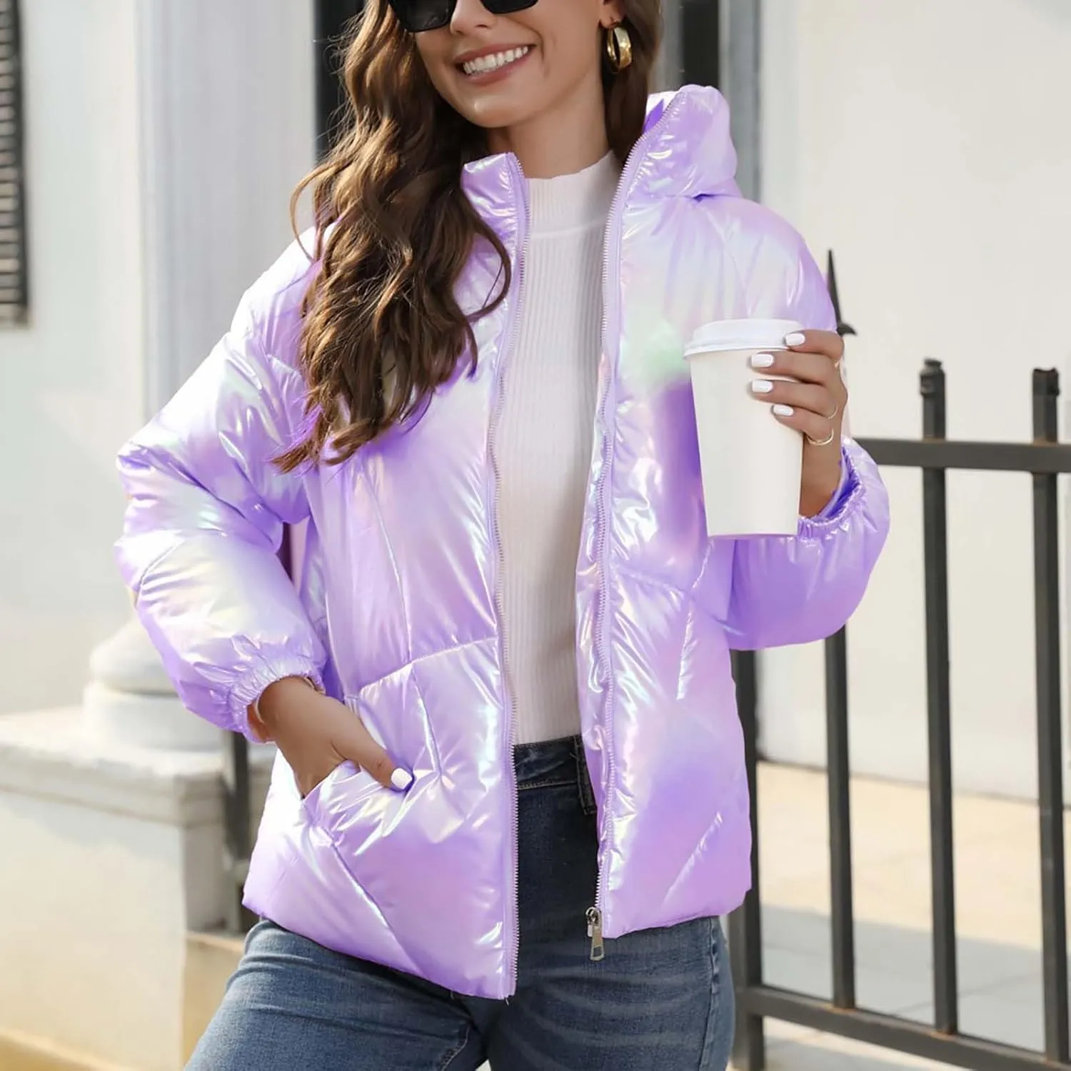 Winter Coats For Women Light Down Zipper Puffer Jacket Plus Size Long Sleeve Warm Parka With Pocket